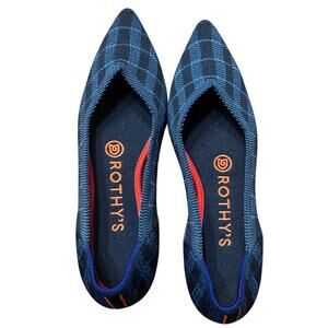 Rothy’s The Point Flat in Rare Indigo Gingham Plaid Blue Red Sole Women’s Size 6